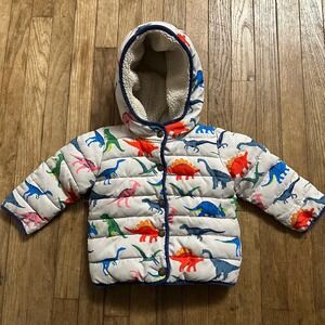Baby Boden Dinosaur Puffer Jacket Hooded Sherpa Lined 18 24 Months Coat